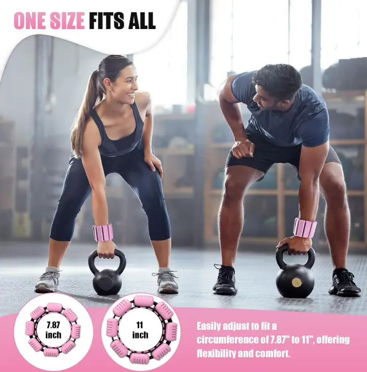Two people doing kettlebell exercises while wearing pink and black wrist weights