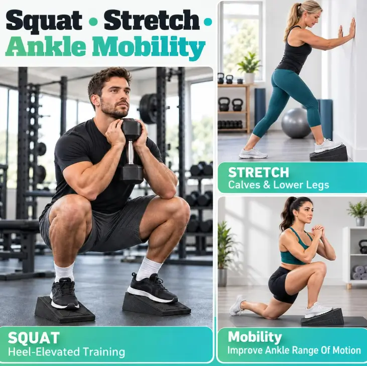 Man doing a heel-elevated goblet squat on squat wedge blocks, with calf stretch and mobility examples